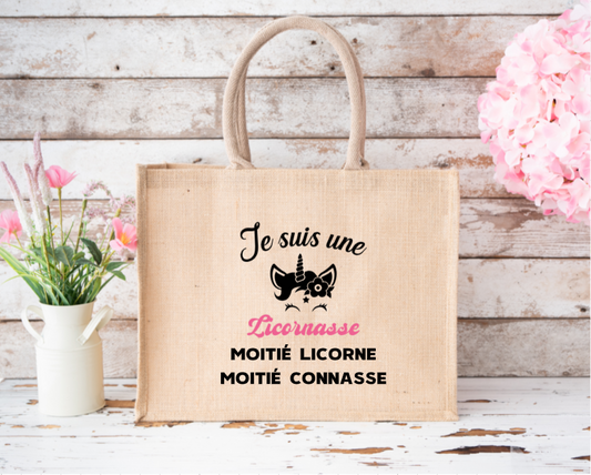 Sac en jute: texte humoristique "Je suis licornasse"