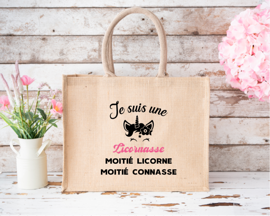 Sac en jute: texte humoristique "Je suis licornasse"